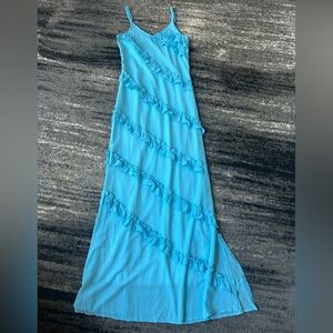 Icy Blue Spaghetti Strap Ruffle Tiered Maxi Dress With Side Slit